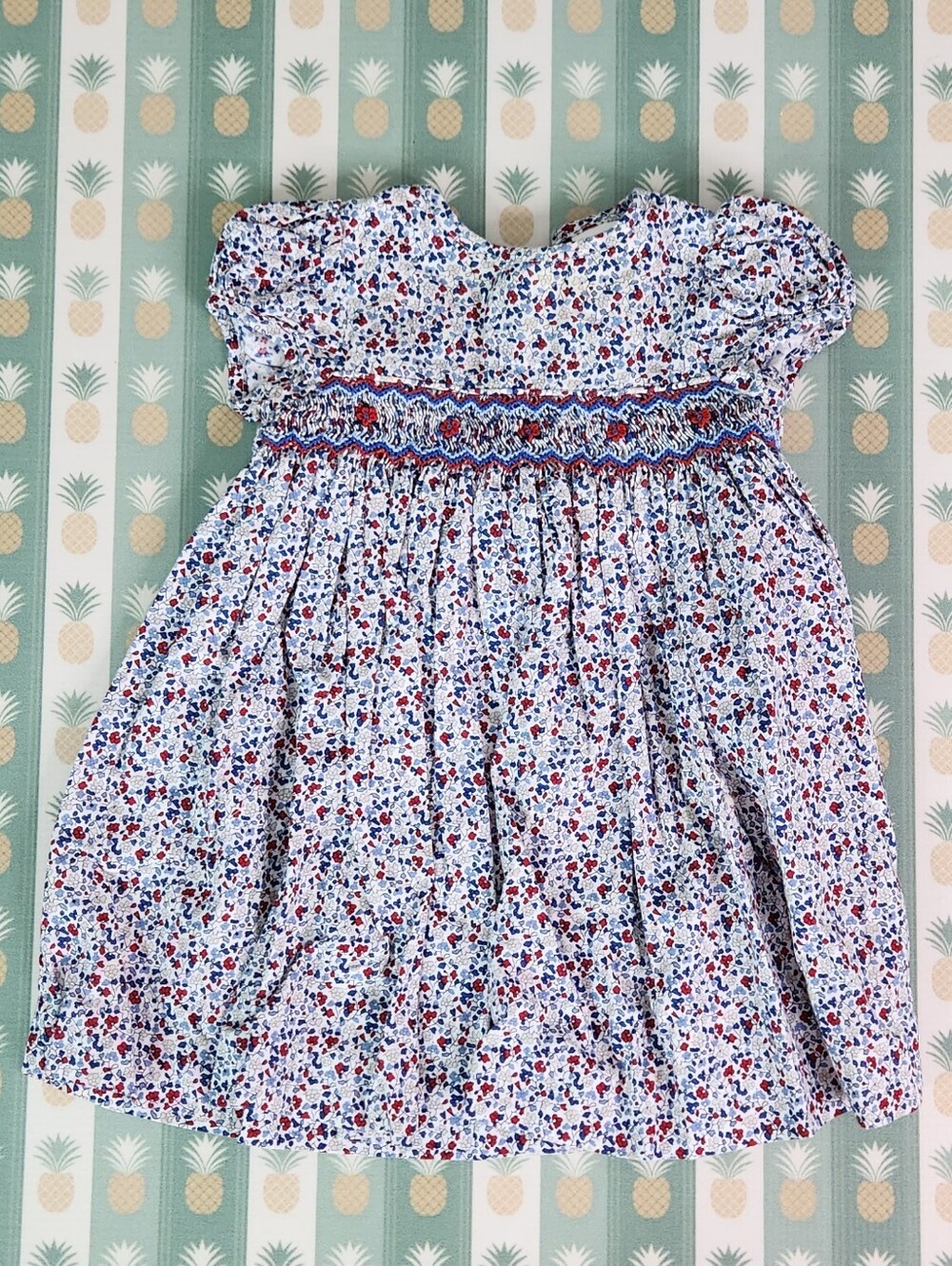 Edgehill Collection Smocked Floral Cotton Dress - Red & Blue Tiny Floral